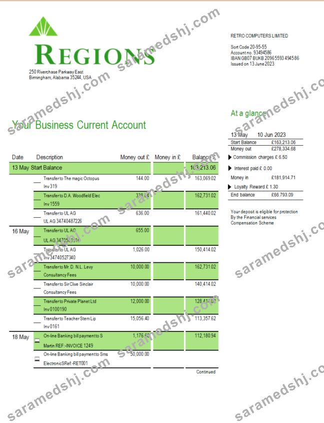 Regions Financial Corporation company checking account statement Word and PDF template